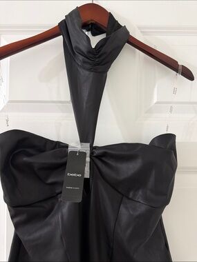 bebe Black Faux Leather Halter Bodysuit with Sweetheart Bust